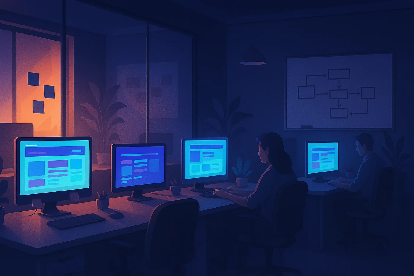 Illustration: a small web agency office with wireframes on the screens