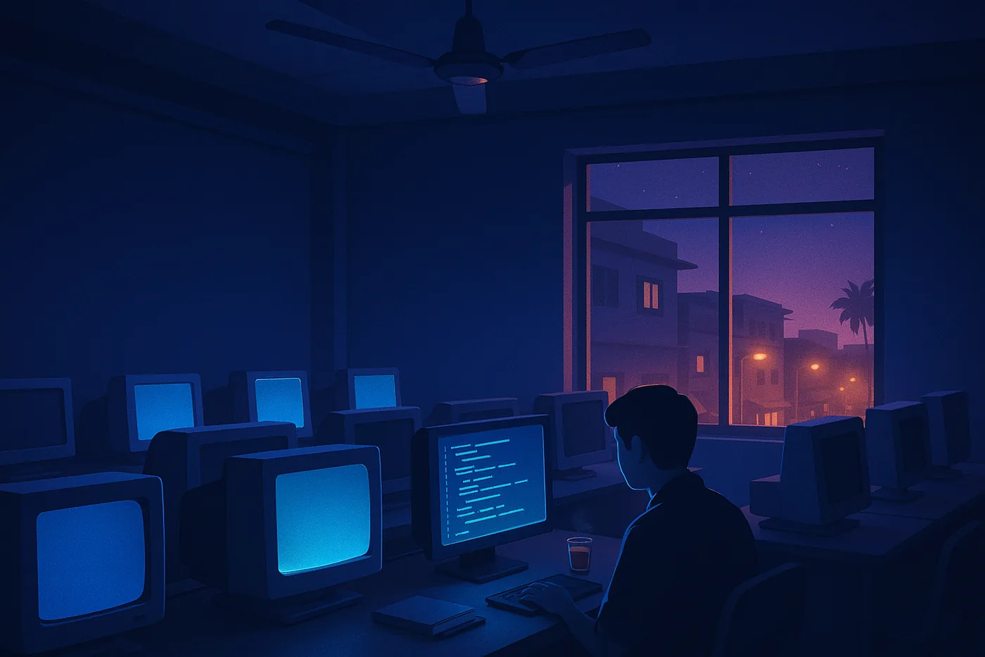 Illustration: a college computer lab in the evening, where it started