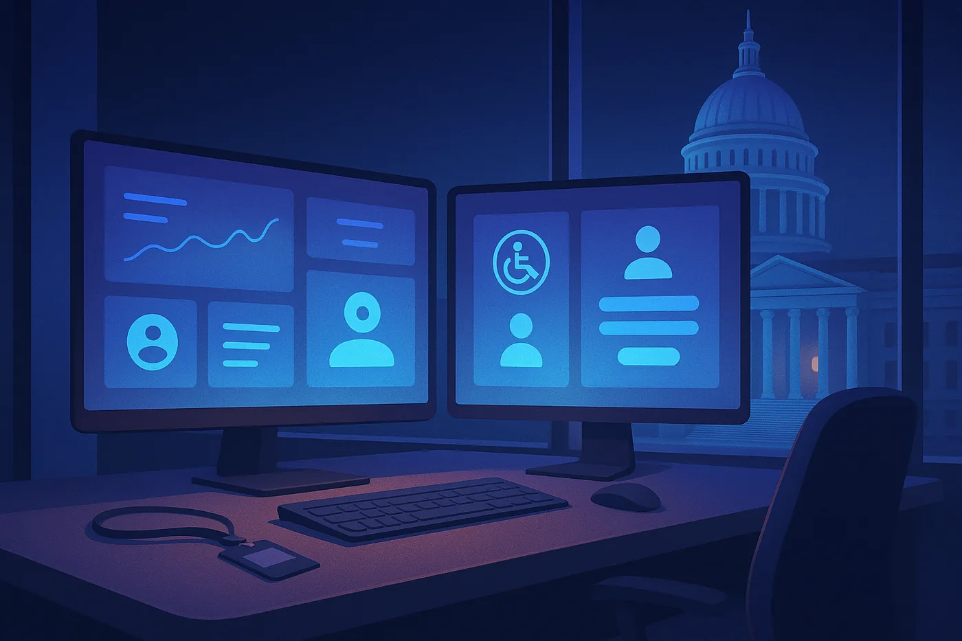 Illustration: dashboards and accessible portal screens in front of a state capitol