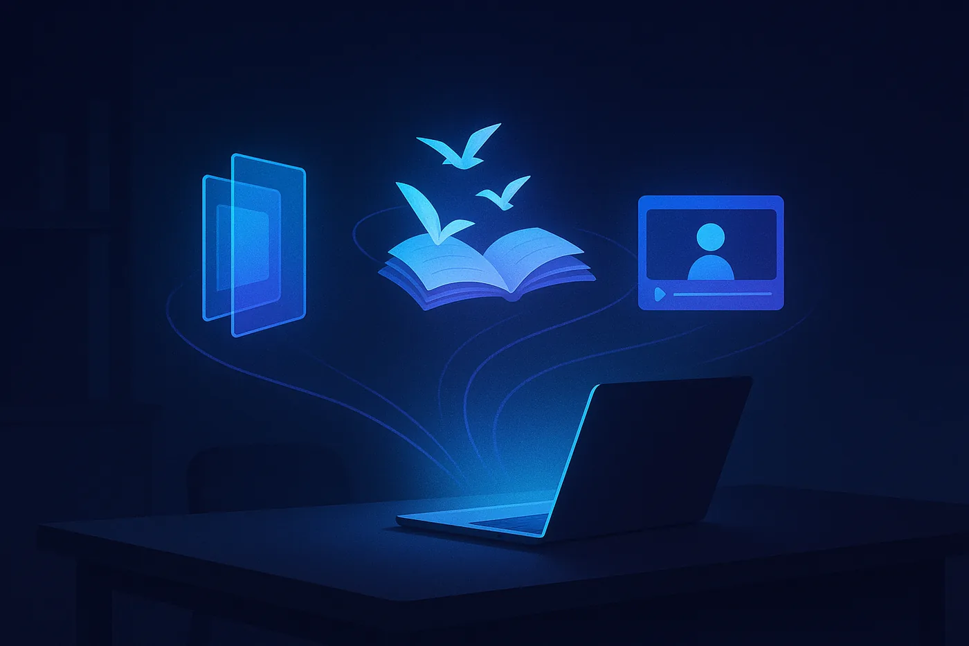 Illustration: three small worlds rising from a laptop, one for each venture