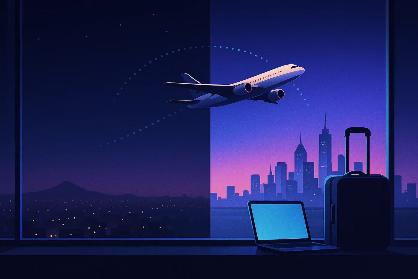 Illustration: a flight from India to a US city skyline at dawn