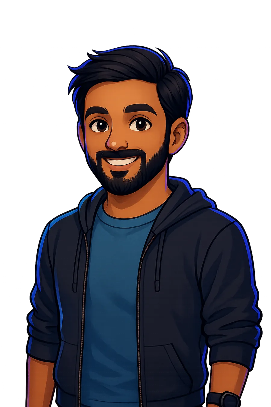 Stylized portrait of Mihir Patel smiling, in a dark hoodie