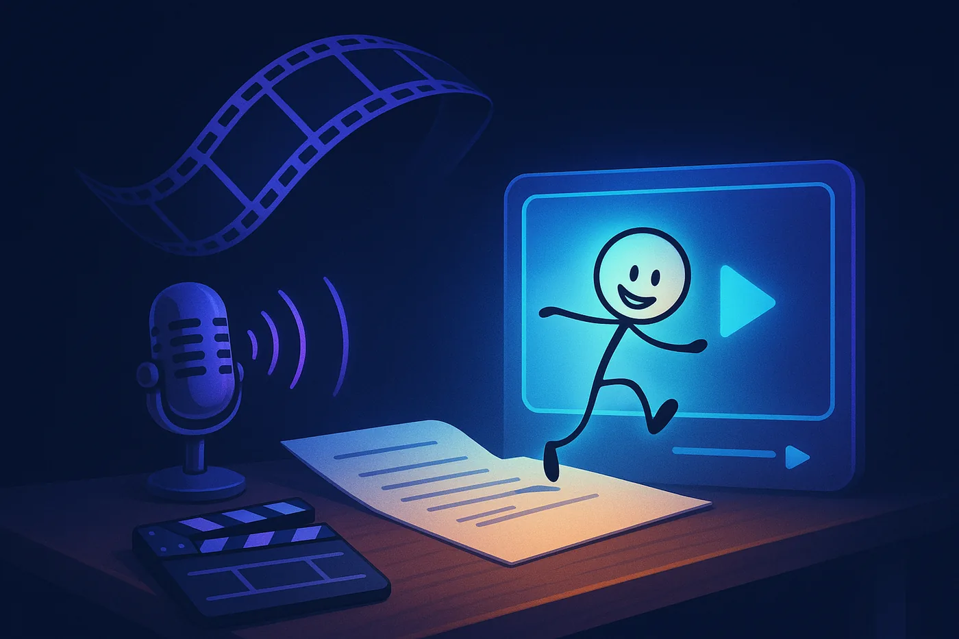 Illustration: a stickman stepping off a script page into a video frame, beside a microphone