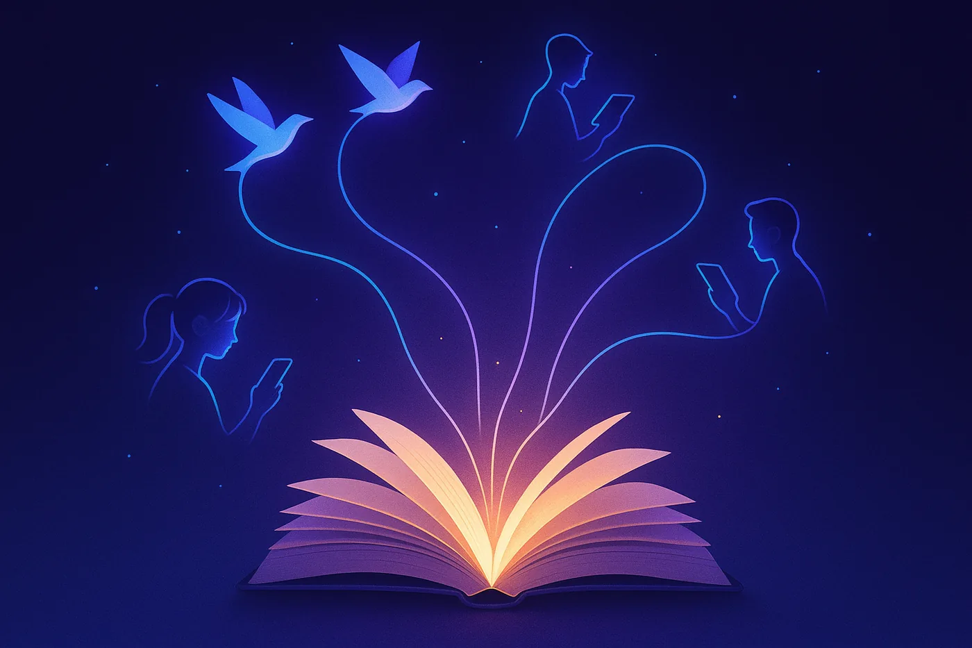 Illustration: an open book whose pages turn into paper birds flying to readers